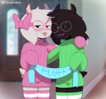  2020 anthro biped black_body black_fur blush bovid caprine clothed clothing dark_fur deltarune duo english_text eyewear female floppy_ears front_view fully_clothed fur glasses goat green_clothing half-closed_eyes head_tuft hi_res holding_object horn hug legwear light_fur mammal narrowed_eyes nervous owo pale_fur pink_clothing pink_tongue ralsei short_tail signature somescrub squint standing sweater text thigh_highs tongue tongue_out topwear tuft twitter video_games 