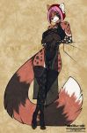  2020 4_toes 5_fingers ailurid alishka anthro black_nose brown_body brown_fur clothed clothing digital_media_(artwork) eyebrows eyelashes female fingers fur hair hi_res mammal pattern_background pink_hair red_panda simple_background smile solo standing toes wide_hips 