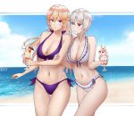  2girls arm_grab ass_visible_through_thighs bangs bare_arms bare_shoulders beach bikini blonde_hair blue_sky breasts cleavage cloud collarbone commentary_request cousins cowboy_shot cup day exv food frilled_bikini frills front-tie_bikini front-tie_top fruit holding holding_cup horizon large_breasts long_hair looking_at_viewer multiple_girls nakiri_alice nakiri_erina navel ocean outdoors outside_border parfait purple_bikini red_eyes shokugeki_no_souma short_hair side-tie_bikini silver_hair sky smile stomach strawberry summer swimsuit thigh_gap water white_bikini 