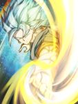  1boy blue_eyes blue_hair closed_mouth dragon_ball dragon_ball_super earrings energy_sword gloves highres incoming_attack jewelry looking_at_viewer male_focus mattari_illust muscle potara_earrings smile solo spiked_hair sword vegetto weapon white_gloves 
