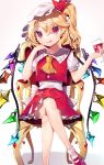  1girl ankle_socks arms_up bangs blonde_hair chair commentary_request cravat crossed_legs cup drinking_glass elbow_rest eyebrows_visible_through_hair fang fang_out flandre_scarlet foot_out_of_frame frilled_shirt_collar frills gradient gradient_background gunjou_row hand_on_own_cheek hat hat_ribbon head_tilt highres holding holding_cup looking_at_viewer mary_janes mob_cap nail_polish one_side_up petticoat pink_background puffy_short_sleeves puffy_sleeves red_eyes red_footwear red_nails red_skirt red_vest ribbon shadow shirt shoes short_hair short_sleeves skirt slit_pupils smile smirk solo swept_bangs touhou vest white_background white_headwear white_legwear white_shirt wine_glass wings yellow_neckwear 