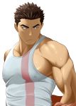  1boy akihiro_altland bara black_eyes black_hair chest covered_nipples dark_skin dark_skinned_male gundam gundam_tekketsu_no_orphans highres male_focus muscle nipples pectorals shirtless short_hair solo takejirog tank_top thick_eyebrows upper_body white_background 