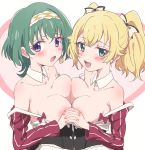  2girls :d bare_shoulders blonde_hair blush bow breast_press breasts collarbone detached_collar eyebrows_visible_through_hair green_eyes green_hair hair_bow hairband highres holding_hands lapis_re:lights large_breasts lavie_(lapis_re:lights) looking_at_viewer lynette_(lapis_re:lights) multiple_girls open_mouth purple_eyes short_hair smile striped symmetrical_docking trg-_(sain) twintails vertical_stripes white_bow white_hairband 