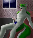  anthro balls bed black_nose bodily_fluids canid canine cloudy cloudy_sky cum digital_media_(artwork) erection eye_roll fidget_the_fox fox fur furniture genital_fluids genitals gothic_background green_body green_eyes green_fur hair hi_res inner_ear_fluff knot male male/male mammal masturbation multicolored_penis nude paws penis rainbow_penis red_tongue rirast solo tongue tongue_out tuft white_body white_fur window 