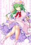  1girl aka_tawashi bad_anatomy bad_leg boots breasts capelet clock commentary_request crescent fingernails floral_background glowing_petals green_eyes green_hair hair_between_eyes hand_up hat highres kazami_yuuka kazami_yuuka_(pc-98) legs light_particles long_hair long_sleeves looking_at_viewer moon_print neck_ribbon nightcap nightgown open_mouth pajamas pink_background pink_footwear pink_headwear pink_nightgown pocket_watch pom_pom_(clothes) red_ribbon ribbon roman_numerals shiny shiny_clothes shiny_hair sidelocks small_breasts solo star_(symbol) star_print striped striped_background thighs touhou touhou_(pc-98) very_long_hair watch white_background wide_sleeves 