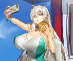  1girl anastasia_(fate/grand_order) aqua_swimsuit bangs bare_shoulders bead_bracelet beads blue_eyes blue_sky bracelet breasts cellphone cleavage fate/grand_order fate_(series) food hair_over_one_eye hairband hamburger huge_breasts jewelry long_hair melon22 one-piece_swimsuit open_mouth outstretched_arm phone self_shot sky smile swimsuit towel two-tone_swimsuit white_swimsuit 