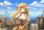  1girl alternate_costume belt belt_buckle blonde_hair breasts brigid_(fire_emblem) buckle choker cleavage closed_mouth dress elbow_gloves fire_emblem fire_emblem:_genealogy_of_the_holy_war fire_emblem_heroes gloves hanasaki_komugi hand_on_hip headband long_hair ocean pirate pirate_costume ship sky smile solo solo_focus watercraft wavy_hair yellow_eyes 