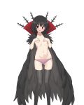  1girl :d absurdres ass_visible_through_thighs bangs black_cape black_hair black_legwear black_souls blush breasts cape covering covering_breasts fang groin hair_between_eyes highres lorina_(black_souls) navel no_nose open_mouth panties pink_panties red_eyes ribbonsnek short_hair small_breasts smile solo thighhighs topless transparent_background underwear 