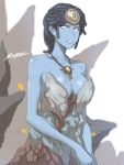  1girl bangs bare_shoulders blue_skin breasts brown_hair cleavage collarbone glasses hair_ornament jewelry large_breasts looking_at_viewer medium_hair monster_girl mother_(warframe) necklace no_pupils open_mouth solo warframe white_eyes zxpfer 