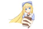  alice_(wonderland) alice_in_wonderland aqua_eyes blonde_hair book bow headband long_hair original ribbonsnek white 