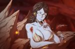  1girl bangs bare_shoulders breasts brown_hair cleavage collarbone daughter_(warframe) finger_to_mouth glasses large_breasts looking_at_viewer monster_girl no_pupils short_hair smile solo warframe white_eyes zxpfer 