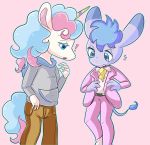  aggressive_retsuko alternate_costume anthro asinus blue_eyes blue_hair clothed clothing clothing_swap donkey duo equid equine faeriebottle fur hair horn male mammal pink_hair purple_body purple_fur sanrio seiya_(aggretsuko) tadano_(aggretsuko) unicorn white_body white_fur 