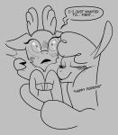  2020 alpaca blush camelid capreoline cervid dialogue duo english_text eyes_closed female hi_res hooves line_art looking_at_viewer mammal monochrome open_mouth paprika_paca_(tfh) reindeer shelbysmol simple_background smile speech_bubble text them&#039;s_fightin&#039;_herds velvet_reindeer_(tfh) 