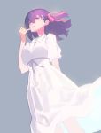  1girl dress fate/stay_night fate_(series) grey_background hair_ribbon heaven&#039;s_feel looking_at_viewer matou_sakura pink_ribbon purple_eyes purple_hair ribbon simple_background solo white_dress yuuki_(irodo_rhythm) 