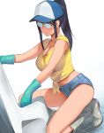  1girl a1 baseball_cap black-framed_eyewear blush boots breasts cleavage denim denim_shorts glasses gloves hat high_ponytail houkago_teibou_nisshi kneeling large_breasts long_hair navel oono_makoto parted_lips rubber_gloves shirt short_shorts short_sleeves shorts simple_background solo sweat thighs tied_shirt tile_floor tiles white_background yellow_shirt 