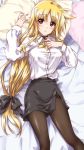  1girl :o bangs bed_sheet black_bow black_legwear black_shirt black_skirt blonde_hair blush bow commentary_request dress_shirt eyebrows_visible_through_hair fate_testarossa from_above hair_bow hand_on_own_chest highres kuroi_mimei long_hair long_sleeves looking_at_viewer low-tied_long_hair lying lyrical_nanoha mahou_shoujo_lyrical_nanoha_strikers military military_uniform miniskirt neck_ribbon on_back on_bed pantyhose parted_lips pencil_skirt pillow red_eyes ribbon shirt side_slit skirt solo tsab_executive_military_uniform uniform white_shirt wing_collar yellow_neckwear 