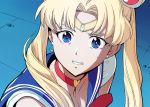  1girl bangs bishoujo_senshi_sailor_moon blonde_hair blue_eyes blue_sailor_collar bow choker commentary_request crescent crescent_earrings derivative_work diadem earrings grimace hair_bun hair_ornament hair_over_shoulder heart heart_choker jewelry long_hair looking_at_viewer meme nogami_takeshi parted_bangs red_bow red_choker red_neckwear sailor_collar sailor_moon sailor_moon_redraw_challenge sailor_senshi_uniform screencap_redraw solo sweatdrop tsukino_usagi twintails 
