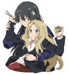  2girls :t absurdres black_hair blonde_hair blue_eyes blush can canned_food chopsticks collared_shirt commentary_request cropped_torso eating flower food frenda_seivelun green_eyes hair_flower hair_ornament highres holding holding_can holding_chopsticks hug hug_from_behind long_hair long_sleeves miiii multiple_girls saten_ruiko shirt sweat to_aru_kagaku_no_railgun to_aru_majutsu_no_index very_long_hair white_background white_flower wrist_grab yuri 