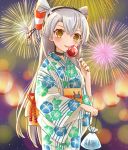  1girl alternate_costume amatsukaze_(kantai_collection) bag brown_eyes candy_apple cocoperino cowboy_shot fireworks floral_print food hair_tubes japanese_clothes kantai_collection kimono long_hair looking_at_viewer obi parted_lips rensouhou-kun sash satchel silver_hair solo two_side_up white_kimono windsock yukata 