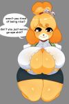  2019 accessory animal_crossing anthro bangs big_breasts biped black_eyes black_nose blush bottomwear breasts canid canine canis clothed clothing curvy_figure dialogue domestic_dog dress_shirt english_text female floppy_ears front_view fur grey_background hair_accessory hi_res huge_breasts inviting isabelle_(animal_crossing) kneeling looking_at_viewer mammal multicolored_body multicolored_fur nintendo no_underwear orange_body orange_fur shih_tzu shirt simple_background sin-chan skirt smile solo speech_bubble text topwear toy_dog unbuttoned video_games voluptuous white_body white_fur wide_hips yellow_body yellow_fur 