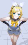  1girl :s aqua_eyes bangs black_sailor_collar blonde_hair blurry blush bow closed_mouth depth_of_field detached_sleeves feet_out_of_frame grey_background hair_ornament hair_ribbon hairclip headphones highres kagamine_rin leaning_forward looking_at_viewer neckerchief orange_bow orange_neckwear osanzi ribbon sailor_collar school_uniform serafuku shirt short_hair short_shorts short_sleeves shorts sidelocks simple_background sleeveless sleeveless_shirt solo standing swept_bangs thigh_gap tile_floor tiles v-shaped_eyebrows vocaloid white_ribbon white_shirt white_shorts 