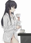  1girl bangs black_hair blunt_bangs brown_eyes collarbone collared_shirt counter cup dress_shirt eyebrows_visible_through_hair highres holding holding_cup idolmaster idolmaster_shiny_colors liu_chi_tiantang_fr long_hair mayuzumi_fuyuko mug naked_shirt pubic_hair saucer shirt simple_background solo stirrer stirring tongue tongue_out two_side_up white_background 