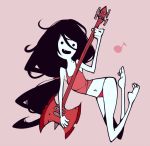  1girl adventure_time bangs barefoot bite_mark black_hair dowman_sayman fang guitar hair_between_eyes holding holding_instrument instrument long_hair marceline_abadeer musical_note open_mouth pale_skin panties pink_background red_panties simple_background solo tank_top underwear 