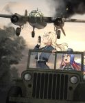  4girls aircraft aircraft_request airplane annin_musou belt belt_buckle black_belt black_jacket black_skirt blonde_hair blue_eyes blue_hair blush bomber_jacket buckle collared_shirt driving eyebrows_visible_through_hair fairy_(kantai_collection) grey_eyes ground_vehicle highres holding hornet_(kantai_collection) jacket jeep kantai_collection long_hair long_sleeves motor_vehicle multicolored_hair multiple_girls open_mouth red_hair shirt skirt south_dakota_(kantai_collection) white_hair white_shirt 