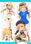 1girl ahoge artoria_pendragon_(all) artoria_pendragon_(caster) arts_shirt bangs bikini blonde_hair blue_shirt blush breasts closed_eyes dress eating fate/grand_order fate_(series) food green_eyes grey_headwear hat kujiran long_hair looking_at_viewer multiple_views open_mouth sailor_collar shirt small_breasts smile swimsuit thighs translation_request twintails white_bikini white_dress 