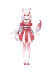  1girl absurdres animal_ear_fluff animal_ears blush bow chihong_de_tianshi closed_mouth flower fox_ears fox_girl fox_tail full_body gradient gradient_legwear hair_flower hair_ornament highres japanese_clothes kimono long_hair long_sleeves looking_at_viewer multicolored_hair obi original pink_legwear red_eyes red_flower red_footwear red_hair sash shoes simple_background smile solo standing streaked_hair tail thighhighs very_long_hair white_background white_bow white_flower white_hair white_kimono white_legwear 