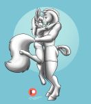  absurd_res anthro blue_background canid canine canis clothing duo equid equine female hi_res horse hug igglypou male male/female mammal monochrome side_view simple_background size_difference underwear wolf 