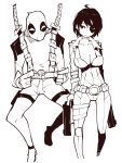  1boy 1girl ahoge bangs belt belt_buckle bodysuit boots breasts buckle cleavage closed_mouth deadpool domino_(marvel) dowman_sayman dual_wielding gun highres holding holding_gun holding_weapon katana large_breasts marvel mask pointing pouch short_hair simple_background sword weapon weapon_on_back 