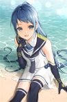  1girl beach black_legwear blue_eyes blue_hair elbow_gloves gloves kantai_collection long_hair looking_at_viewer ocean samidare_(kantai_collection) school_uniform serafuku sitting skirt sleeveless smile solo suusuke thighhighs very_long_hair wet wet_clothes wet_skirt white_sand zettai_ryouiki 