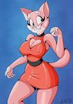 2020 anthro big_breasts blue_background blue_eyes breasts cleavage clothed clothing domestic_cat felid feline felis female fur hi_res mammal nipple_outline pink_body pink_fur shima_luan signature simple_background smile solo standing super_planet_dolan teeth thick_thighs vinfox wide_hips 