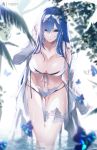  1girl bangs bare_shoulders bikini blue_eyes blue_hair breasts bug butterfly cleavage collarbone hair_between_eyes hair_tucking hairband highres insect large_breasts leaning_forward long_hair looking_at_viewer navel original solo stomach swimsuit thigh_strap thighs wading wet white_bikini yoaferia 