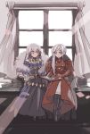  2girls batoson54 book cape closed_mouth dress edelgard_von_hresvelg fire_emblem fire_emblem:_three_houses fur_trim gloves hair_ornament highres holding holding_book long_hair long_sleeves lysithea_von_ordelia multiple_girls open_book pink_eyes purple_eyes side_ponytail sitting smile white_gloves white_hair window 