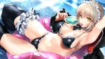  1girl artoria_pendragon_(all) artoria_pendragon_(swimsuit_rider_alter) bangs bare_shoulders bikini black_bikini black_jacket blonde_hair blush braid breasts cleavage collarbone fate/grand_order fate_(series) french_braid highres jacket leg_garter long_hair long_sleeves looking_at_viewer maid_bikini maid_headdress medium_breasts navel nonohachi open_mouth swimsuit thighhighs thighs yellow_eyes 