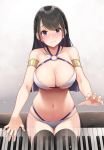  1girl armlet bare_shoulders bikini black_hair black_legwear blush breasts cleavage closed_mouth collarbone frown highres instrument keyboard_(instrument) large_breasts long_hair mk_(mod0) music navel nose_blush o-ring o-ring_bikini o-ring_top original playing_instrument purple_eyes sitting skindentation solo stomach straight_hair swimsuit thighhighs white_bikini x-ray 