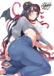  1girl bangs bikini black_hair black_nails blouse blush breasts covering covering_ass demon_girl demon_wings denim grey_blouse highres horns jeans long_hair looking_at_viewer multicolored_hair navel ogino_atsuki original pants red_eyes red_hair solo stomach succubus swept_bangs swimsuit white_bikini wings 