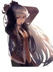  1girl arms_up b_zhan_cm_yang bangs black_gloves black_jacket blunt_bangs braid breasts closed_mouth collared_shirt commentary_request danganronpa danganronpa_1 eyebrows_visible_through_hair gloves hair_ribbon highres jacket kirigiri_kyouko long_hair long_sleeves looking_at_viewer mouth_hold necktie open_clothes open_jacket purple_eyes purple_hair red_neckwear ribbon shirt simple_background skirt smile solo striped striped_shirt tying_hair white_background white_shirt 