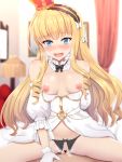  1girl azur_lane blonde_hair blue_hair blurry blurry_background blush breasts censored commentary_request cowgirl_position crotchless crotchless_panties gloves highres long_hair looking_at_viewer open_mouth panties pussy_juice queen_elizabeth_(azur_lane) sex shin&#039;yashiki small_breasts solo straddling underwear 