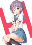  1girl :o bangs black_legwear blue_sailor_collar blue_skirt blush brown_eyes commentary_request h highres keito4f kita_high_school_uniform looking_at_viewer nagato_yuki open_mouth panties pantyshot purple_hair red_ribbon ribbon sailor_collar school_uniform serafuku short_hair short_sleeves skirt solo suzumiya_haruhi_no_yuuutsu underwear white_panties 