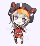  1girl bangs black_footwear black_legwear blush cabbie_hat capriccio chibi commentary_request dated eyebrows_visible_through_hair facial_mark full_body grey_hair grey_headwear hat headphones jacket komori_met long_hair orange_skirt pleated_skirt purple_background purple_eyes red_jacket shoes signature simple_background single_sock single_thighhigh skirt smile socks solo standing thighhighs v_ap_art virtual_youtuber 