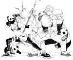  1boy 1girl animal_ears animal_on_leg animal_on_shoulder arknights clothes_around_waist eyewear_on_head fate/grand_order fate_(series) feater_(arknights) fighting_stance hekate highres jacket jacket_around_waist jacket_on_shoulders li_shuwen_(fate) monochrome panda panda_ears sports_bra sunglasses twintails 