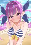  1girl absurdres bangs beach bikini blue_hair blue_ribbon blunt_bangs blush braid breasts cleavage closed_mouth collarbone day drill_hair eyebrows_visible_through_hair french_braid hair_ribbon head_tilt highres hololive long_hair looking_at_viewer medium_breasts minato_aqua multicolored_hair navel ocean outdoors purple_eyes purple_hair ribbon solo streaked_hair striped striped_bikini sweat swimsuit twin_drills twintails two-tone_hair upper_body uria123456789 virtual_youtuber water 