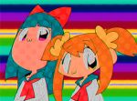  2girls :3 bangs blue_hair blue_sailor_collar bow eyebrows_visible_through_hair hair_bow hair_ornament hair_scrunchie long_hair multicolored multicolored_background multiple_girls neckerchief orange_hair pink_eyes pipimi poptepipic popuko psychedelic red_neckwear sailor_collar scrunchie suzuka_g upper_body yellow_eyes 