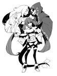  1boy 2girls bangs boots breasts cleavage clenched_teeth closed_mouth detached_sleeves dizzy_(guilty_gear) dowman_sayman greyscale guilty_gear hair_ribbon hair_rings hands_on_hips high_heel_boots high_heels hood hood_up long_hair long_sleeves monochrome multiple_girls navel necro_(guilty_gear) panties ribbon standing tail teeth thighhighs underwear undine_(guilty_gear) 