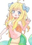  accessory apode bare_shoulders blonde_hair blue_eyes blue_ribbon breasts clothed clothing covered_nipples dai_gazacy draconcopode female green_body green_scales hair hair_accessory hair_ribbon hi_res humanoid jashin-chan jashin-chan_dropkick lamia living_tail long_hair looking_at_viewer navel open_mouth raised_arm reptile ribbons scales scalie serpentine simple_background small_breasts snake snake_tail solo split_form topless white_background 