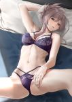  1girl bed bra breasts cleavage commentary_request eyebrows_visible_through_hair fate/grand_order fate_(series) grey_hair hair_between_eyes highres looking_at_viewer lying medium_breasts miyamoto_musashi_(fate/grand_order) mugetsu2501 navel on_back on_bed panties pillow solo stomach underwear 
