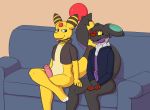  2020 ampharos anthro black_body black_eyes black_fur blue_eyes blush bottomless clothed clothing covering covering_crotch dabelette dabelette_(character) duo entwined_tails erection eyewear fan_character flirting front_view fur furniture genitals glasses hand_on_leg hand_on_thigh hi_res humanoid_genitalia humanoid_penis looking_at_another looking_away male male/male markings multicolored_body multicolored_fur nintendo noivern open_mouth orange_background penis pok&eacute;mon pok&eacute;mon_(species) purple_body purple_fur sharu shy simple_background sitting sitting_on_sofa sofa stripes sweater tail_coil tan_body tan_fur tongue tongue_out topwear two_tone_body two_tone_fur uncut video_games yellow_body yellow_fur yellow_sclera 